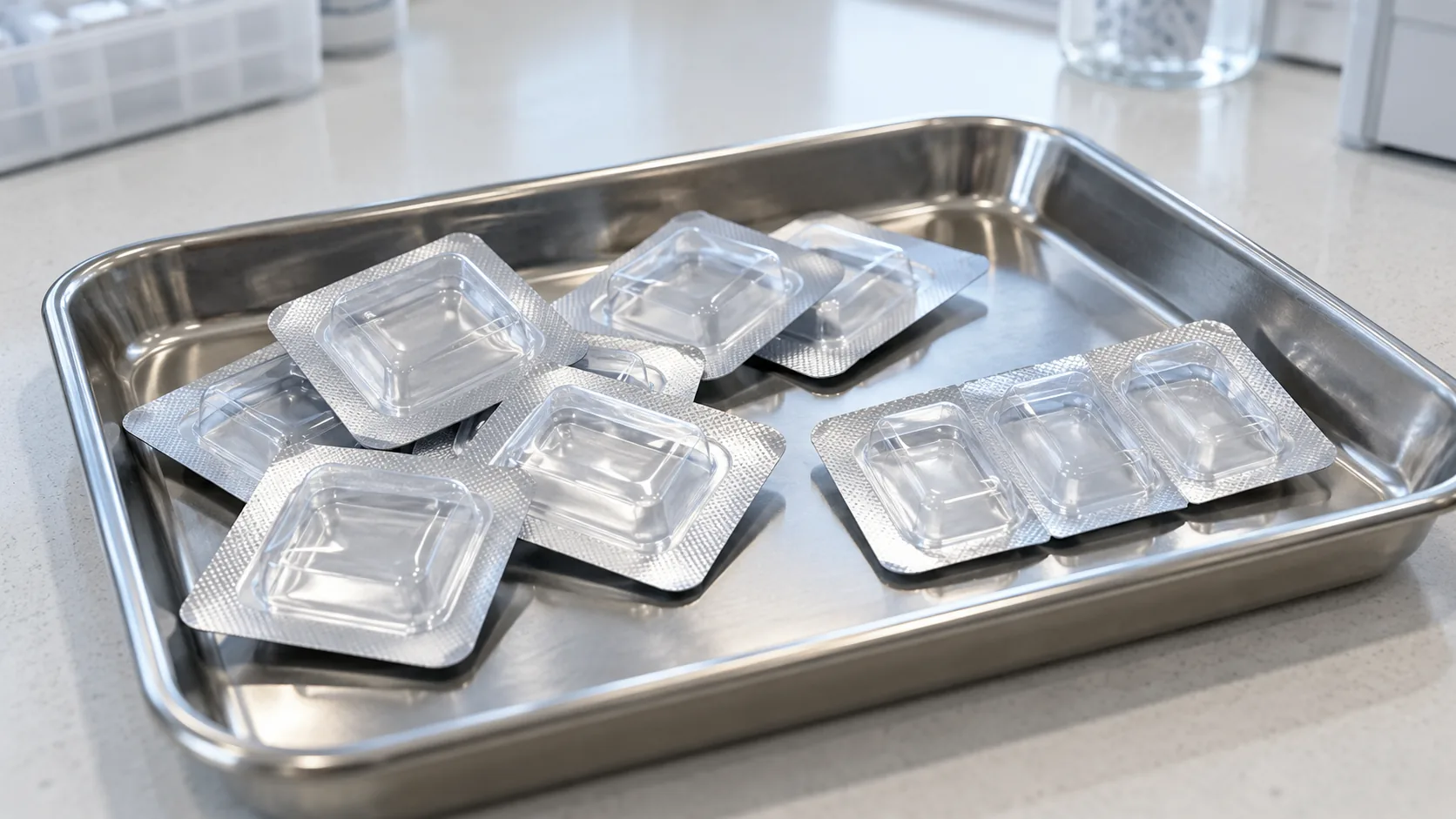 Empty clear blister cards and a short three-cavity strip in a plain stainless tray
