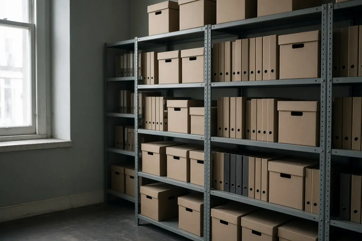 Unlabeled archive boxes and binders on metal shelves in a records room