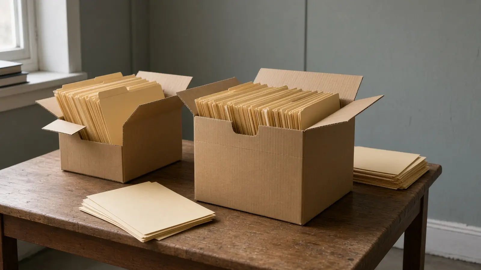 Open file boxes and plain folders on a wooden table beside a window