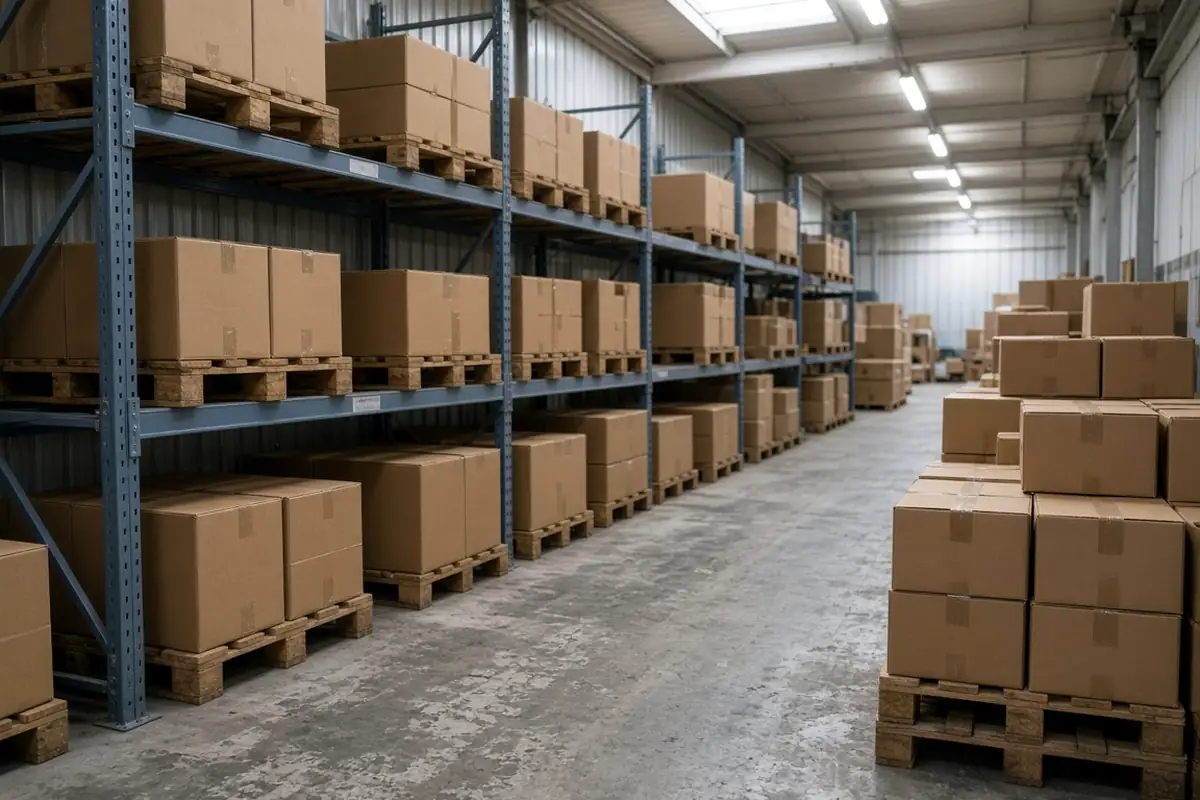 Plain cardboard cartons on warehouse pallets and racking